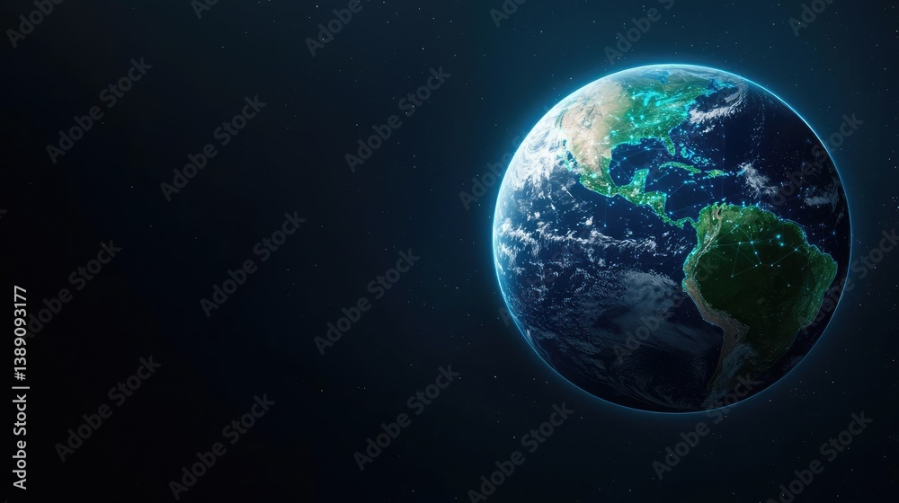 Poster Earth with glowing network highlighting global cloud data concept. Vibrant view of Earth from space highlighting natural beauty.