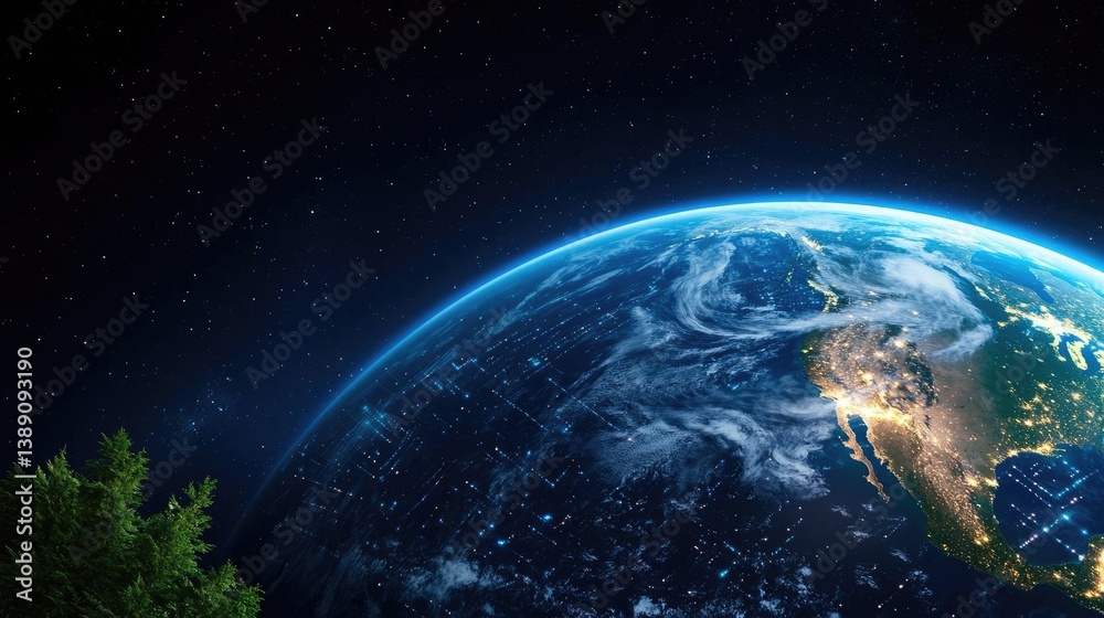 Poster earth with glowing network highlighting global cloud data concept. a stunning view of earth from spa