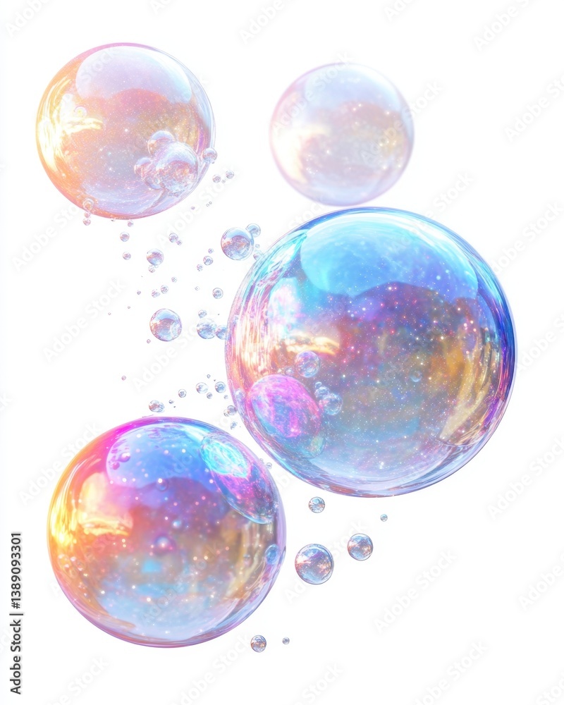 Poster iridescent soap bubbles floating in a white background with a dreamy and ethereal visual mood and a 