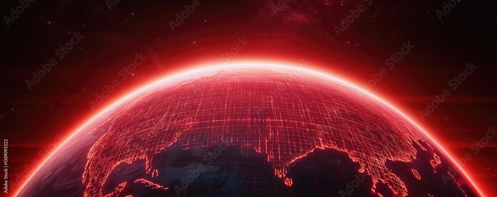 Poster Earth with glowing network and wireless internet grid concept. Futuristic depiction of Earth with glowing red lines and ambiance.