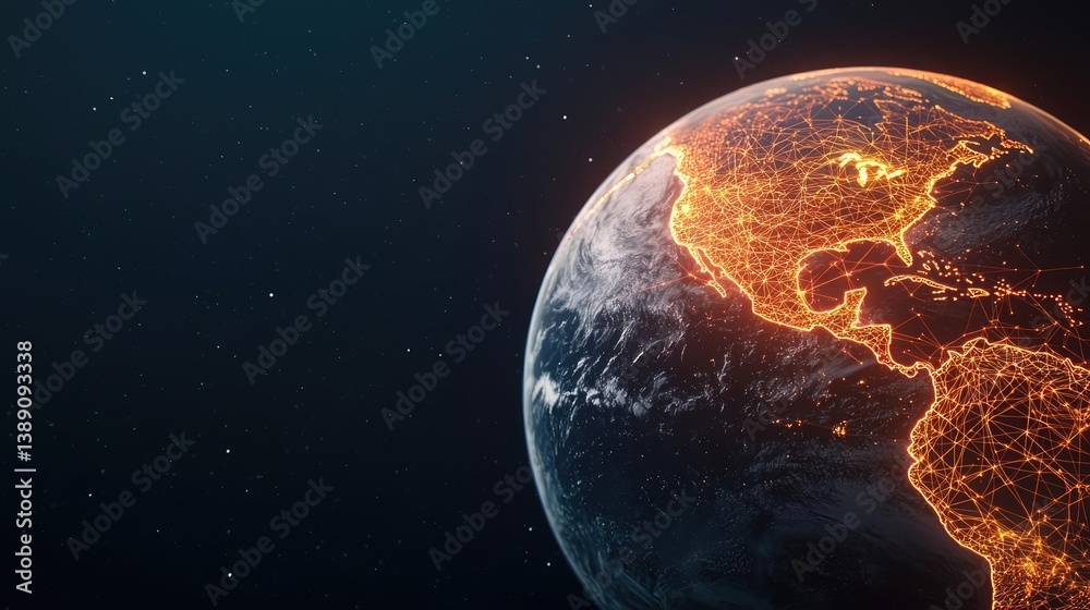 Poster Earth with glowing network and wireless internet grid concept. Stunning view of Earth illuminated by city lights at night.