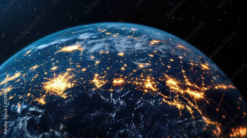Poster earth with glowing network highlighting global cloud data concept. a stunning view of earth at night