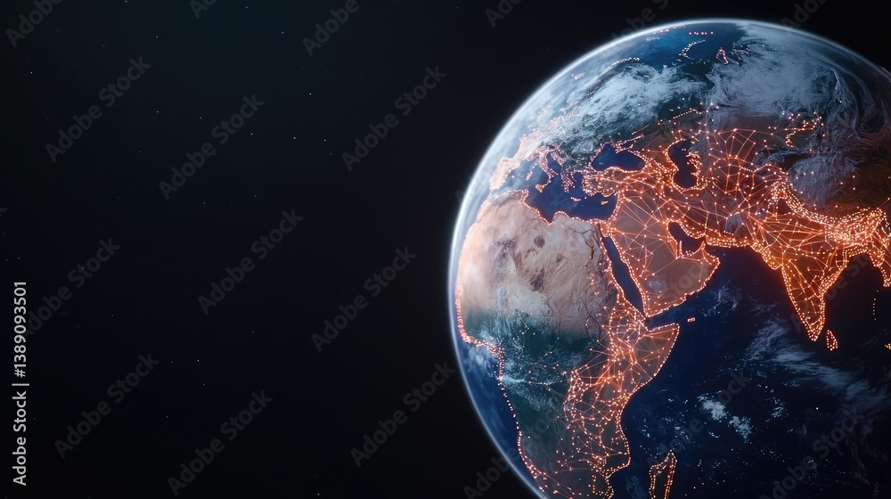 Aufkleber Earth with glowing network highlighting global cloud data concept. Stunning view of Earth showing continents in cosmic perspective.