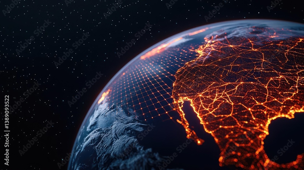 Poster Earth with glowing network and wireless internet grid concept. Stunning view of Earth highlighting its intricate network.
