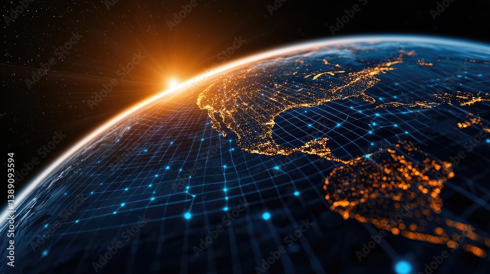 Poster Earth with glowing network and wireless internet grid concept. A stunning view of Earth illuminated by the rising sun.
