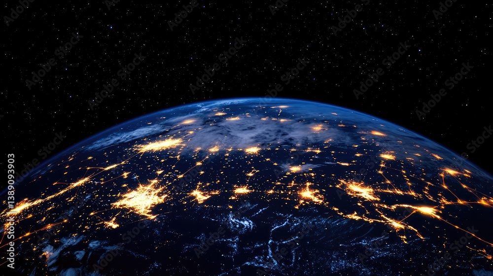 Poster earth with glowing network and wireless internet grid concept. stunning view of earth showcasing vib