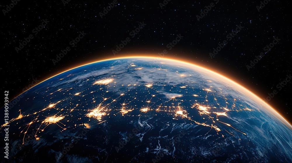 Poster earth with glowing network and wireless internet grid concept. a stunning view of earth from space, 