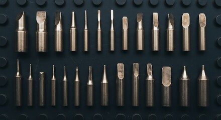 Soldering Iron Tips Organized on Board Different Shapes and Sizes