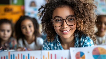 A teacher helping students analyze data during a classroom economics project