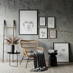Serene minimalist line art portraits adorning a cozy rattan chair in a modern living space, featuring soft neutral tones and a textured concrete backdrop.