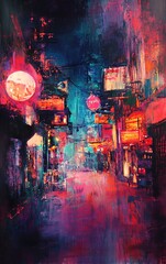 Vibrant, expressive painting of a neon-lit Asian city street at night.  Bold colors and dynamic brushstrokes create a captivating urban scene.