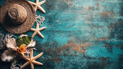 Nautical summer vacation, beach accessories, straw hat, seashells, starfish, fishing nets
