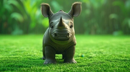 Cute baby rhino stands on lush green grass, looking forward