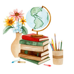 Watercolor illustration of a school scene with stacked books and globe, vase with flowers, stationery holder, and crayons. Soft pastel style, perfect for education-themed projects and decor.