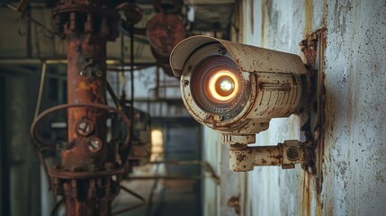 Vintage surveillance camera installed in an abandoned industrial building with rusted machinery