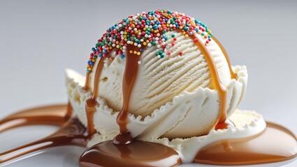 Caramel Sauce Drizzled over Vanilla Ice Cream with Sprinkles