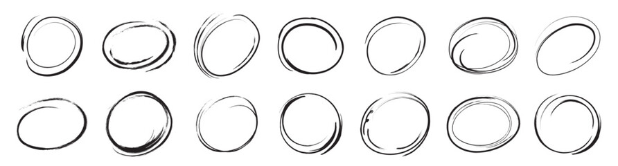 Hand drawn circle line sketch set. Brush marker pen round ovals. Highlight circle frames. Marker scratch scribble in rounder. Round scrawl frames. Vector illustration isolated on white background.
