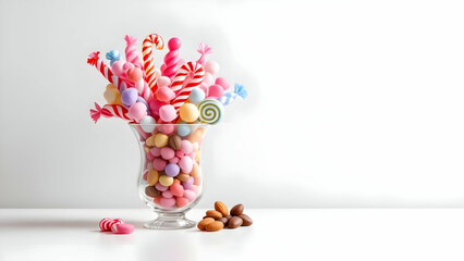 Colorful Candy Display in Glass Vase with Almonds on White Background