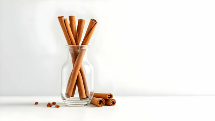 Elegant Display of Cinnamon Sticks in Glass Jar on Minimalist White Background