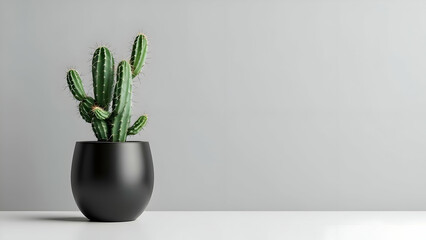 Modern Minimalist Cactus in Black Pot on White Surface with Gray Background