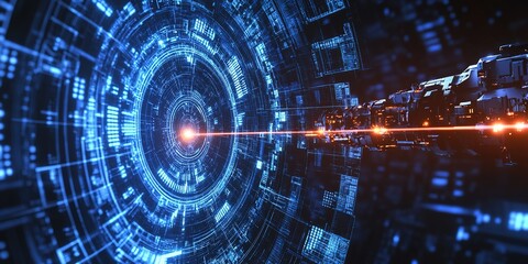 Fototapeta premium Industrial Space Ring: Space Station Modules Form Celestial Structure. Laser-Traced Robotic Arms and Luminous Transport Tracks Extend Through Deep Blue Cosmic Gradient. Dynamic Motion Blur Effect. AI-