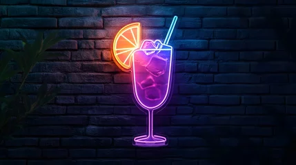 Neon Cocktail Sign Glowing on Brick Wall