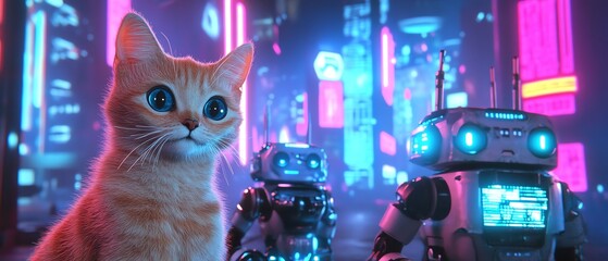 A futuristic cyberpunk scene featuring a cool cat among robots in a neon-lit city. Sci-fi art with a feline protagonist.