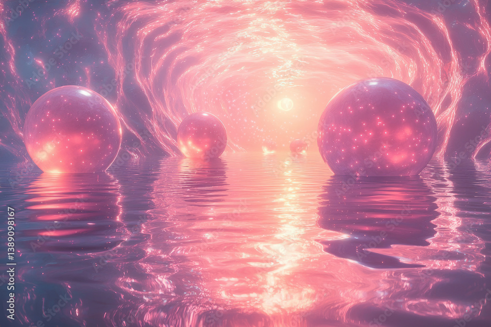 Poster glowing orbs float on a tranquil pink water, nestled within a celestial cave, bathed in ethereal lig