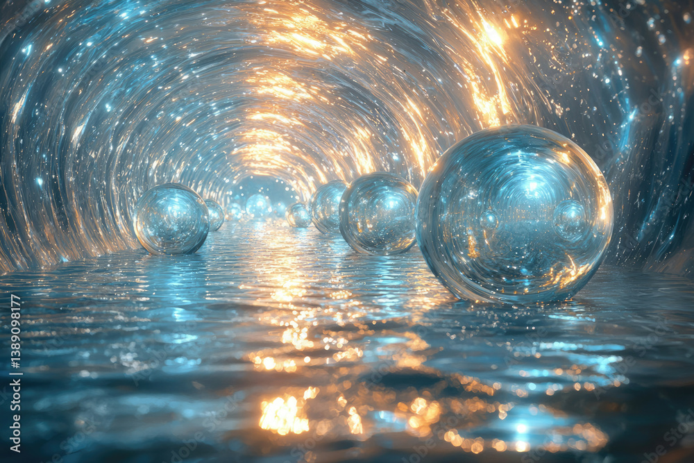Poster glowing orbs float in a swirling, celestial tunnel reflecting light and water, creating a surreal, d