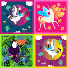 Patchwork pattern with funny animals for kids. Dancing cranes, winged unicorn and toucan on the jungle background. Print for fabric.