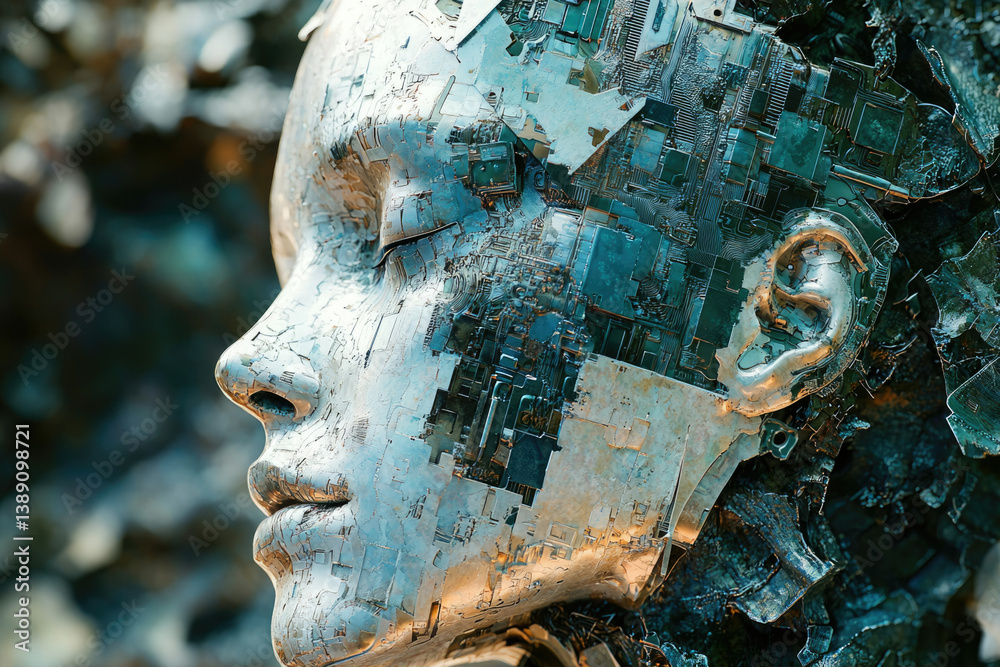 Poster a metallic face, crafted from circuit boards, evokes themes of artificial intelligence and the fusio