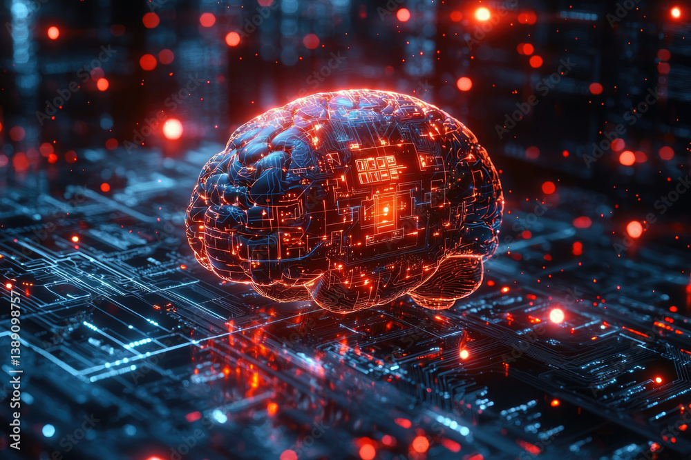 Poster A digital brain integrated with circuitry, representing AI and neural networks.