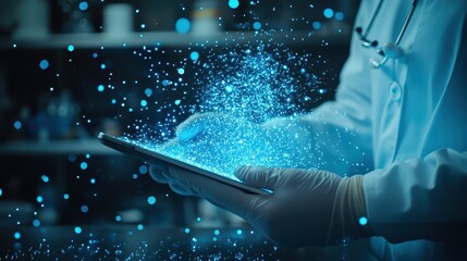 Female surgeon holding a digital tablet reviewing patient data selective focus, technology in healthcare, vibrant, overlay, modern office