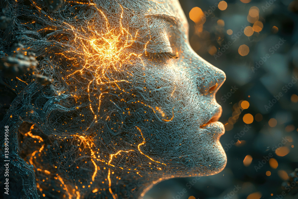 Poster A digital art depicting a serene face, interwoven with glowing neural network-like structures, suggesting consciousness and interconnectedness.