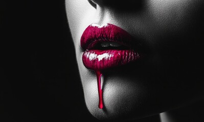 Obraz premium A woman's lips are painted with red lipstick and there is a dripping blood stain on her face