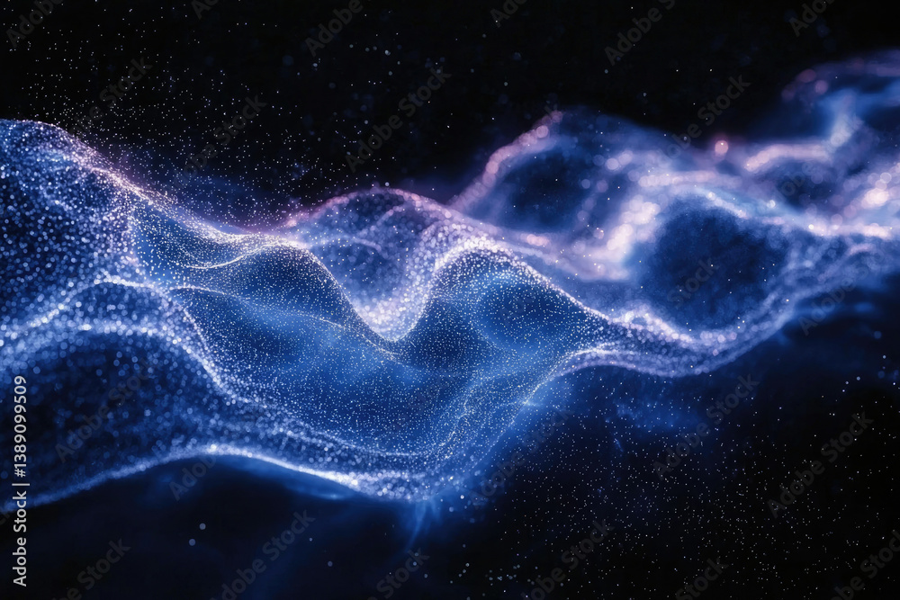 Poster abstract blue and purple particle wave, flowing and dynamic, digital art.