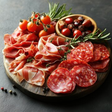 Delicious charcuterie board featuring assorted cured meats fresh tomatoes and rosemary sprigs on rustic wooden platter