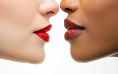 Obraz premium Two women with different colored lips. One has red lips and the other has brown lips. The image is of a close up of the women's faces