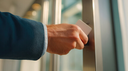 Man using access card to enter office building security access control