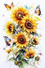 Beautiful watercolor painting of a bunch of sunflowers and butterflies