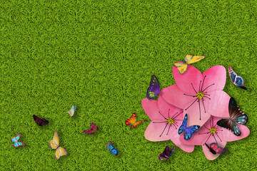 Illustrazione 3D. Primavera, estate. Fiori e farfalle su prato verde texture. Sfondo campo di erba con fiori colorati e farfalle.