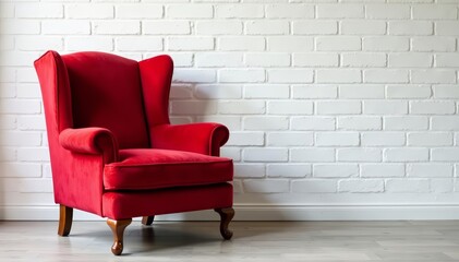 Classic red velvet armchair with wooden legs against white brick wall, vintage, retro, design