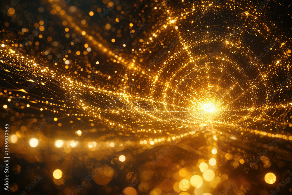 Poster golden vortex of light and energy, a mesmerizing cosmic tunnel of sparkling particles.