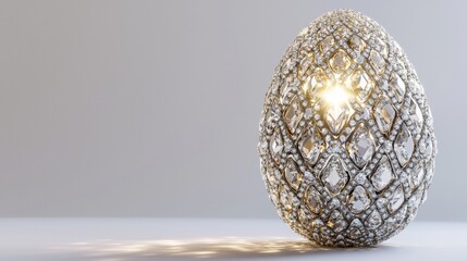 Elegant diamond-encrusted egg glistening with reflections in a well-lit setting showcasing intricate craftsmanship