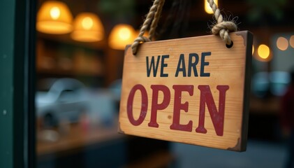 Close up of vintage wooden "we are open" sign with rustic rope hanging on a glass door, rope, concept