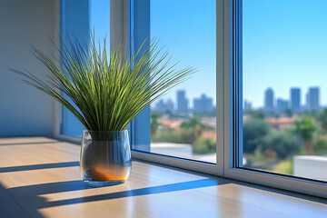 Modern Office Environment with Indoor Plant and Cityscape View for Workplace Design