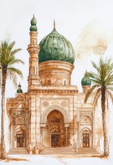 Naklejka premium Watercolor painting shows an ornate mosque with green domes and palm trees