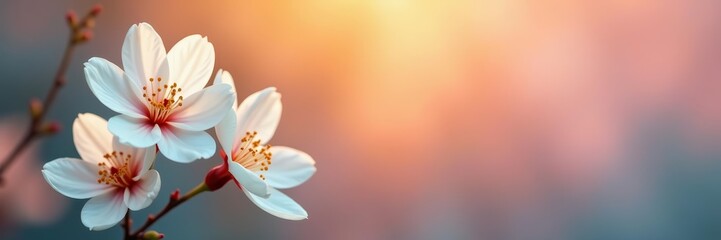 Obraz premium Close-up shot of delicate white and orange blossoms against a colorful gradient, botanical, details, soft