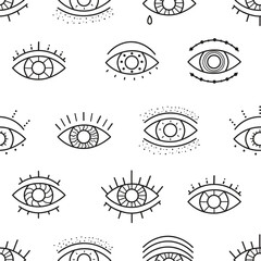 Line eye seamless pattern with Diverse Iris Designs. Retro mid-century style. Textile rapport. Can be used in textile industry, paper, background, scrapbooking.