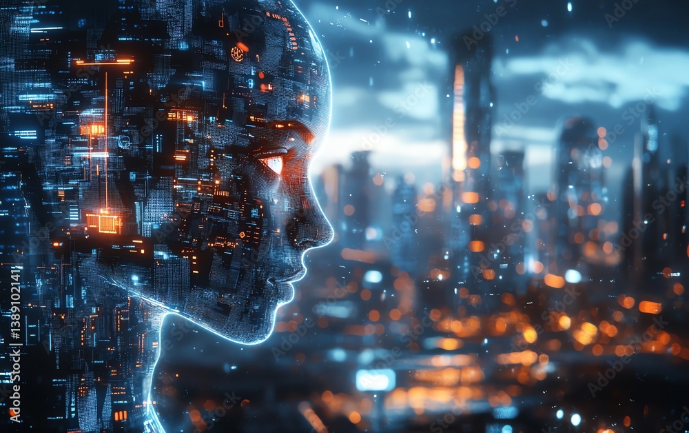 Aufkleber AI and robotic future of the world created with generative AI, featuring advanced robotics, intelligent machines, and futuristic cities in a digital landscape